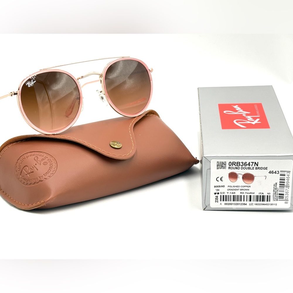Ray-Ban RB3647n Sunglasses Round Double Bridge Polished Copper Brown Lens Round - Picture 2 of 11